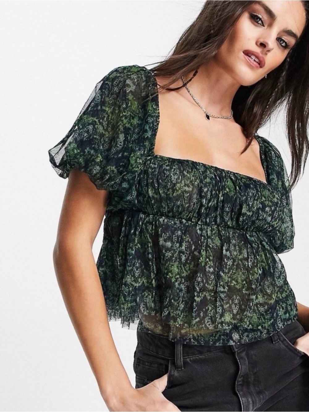 Free People Puff Sleeve Top in Dark Green Print
